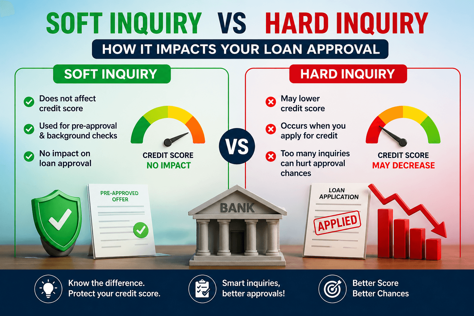 soft inquiry vs hard inquiry, soft vs hard credit inquiry, what is a soft inquiry, what is a hard inquiry, does hard inquiry affect credit score, credit inquiry impact on loan approval, how many hard inquiries are too many, does checking loan eligibility affect CIBIL score, soft pull vs hard pull credit, does a hard inquiry hurt your credit score in India, difference between soft and hard inquiry in CIBIL, how lenders check credit score for loans, can multiple inquiries reduce loan approval chances, how to avoid hard inquiries on credit report