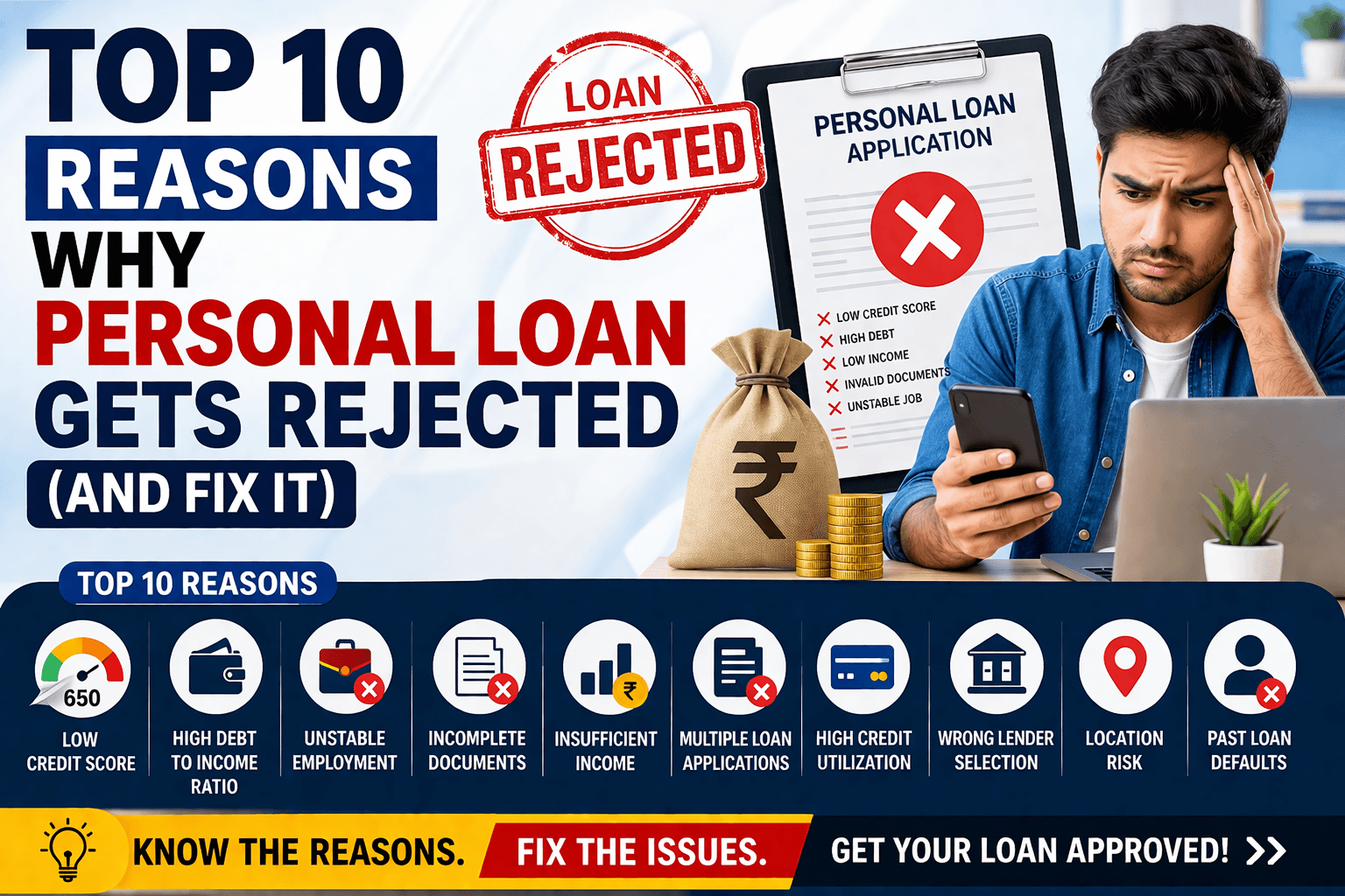 why personal loan gets rejected, personal loan rejection reasons, reasons for personal loan rejection, loan rejected why, personal loan eligibility criteria, low cibil score loan rejection, poor credit score loan rejection, insufficient income loan rejection, unstable job loan rejection, high debt to income ratio loan rejection, loan rejection solution India, how to fix loan rejection, improve loan approval chances, personal loan rejected what to do, bank loan reject reasons India, personal loan rejection ka reason kya hai, instant loan rejection solution, loan without rejection tips, how to avoid loan rejection, documents required for personal loan India